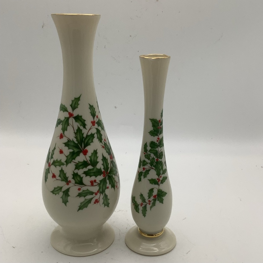 Two Lenox Holly Berry Christmas Vases